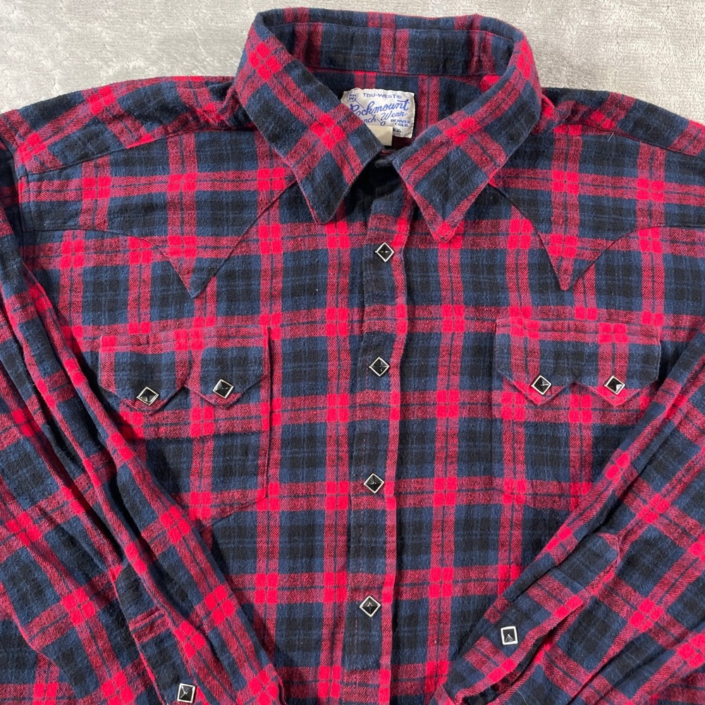 Vintage‎ Rockmount Ranch Wear Flannel Shirt Mens XL Red Plaid Sawtooth Snap USA - Picture 3 of 11